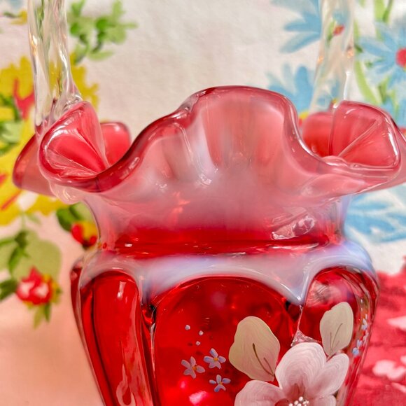 Fenton Glass Basket Cranberry Opalescent Open Heart Arches Bill and George - Picture 11 of 13
